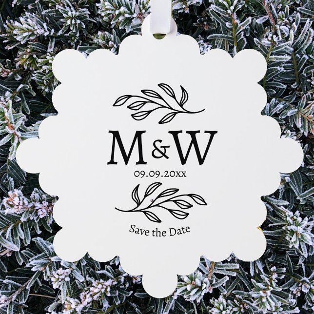 Couple Monogram Wedding Save the Date Botanical Tree Decoration Card (Modern wedding couple monogram initials save the date paper ornament card)