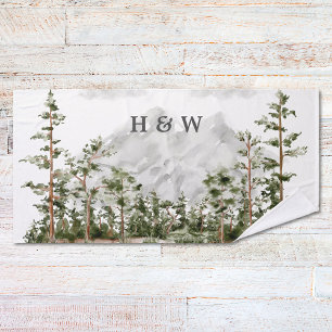 Couple Monogrammed Watercolor Mountain and Forest Bath Towel Set