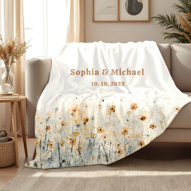 Couple Name Date Sherpa Blanket Floral Watercolor  (Creator Uploaded)