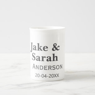 Couple name gray golden frame border wedding date  bone china mug