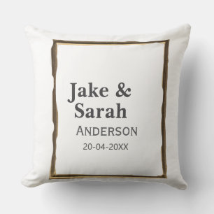 Couple name gray golden frame border wedding date cushion