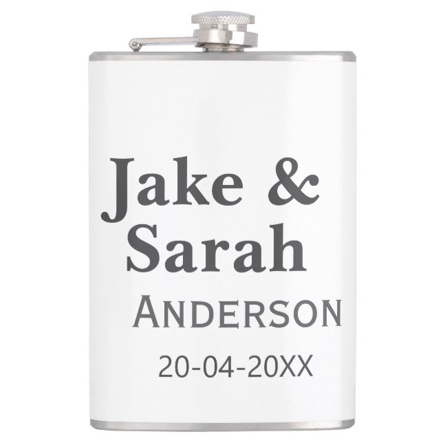 Couple name gray golden frame border wedding date  hip flask (Front)