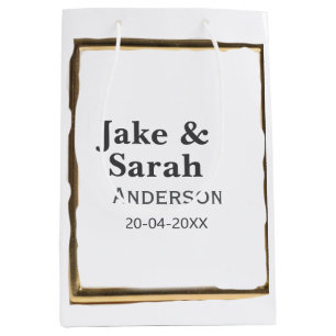 Couple name gray golden frame border wedding date  medium gift bag