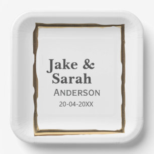 Couple name gray golden frame border wedding date paper plate