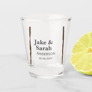 Couple name gray golden frame border wedding date shot glass