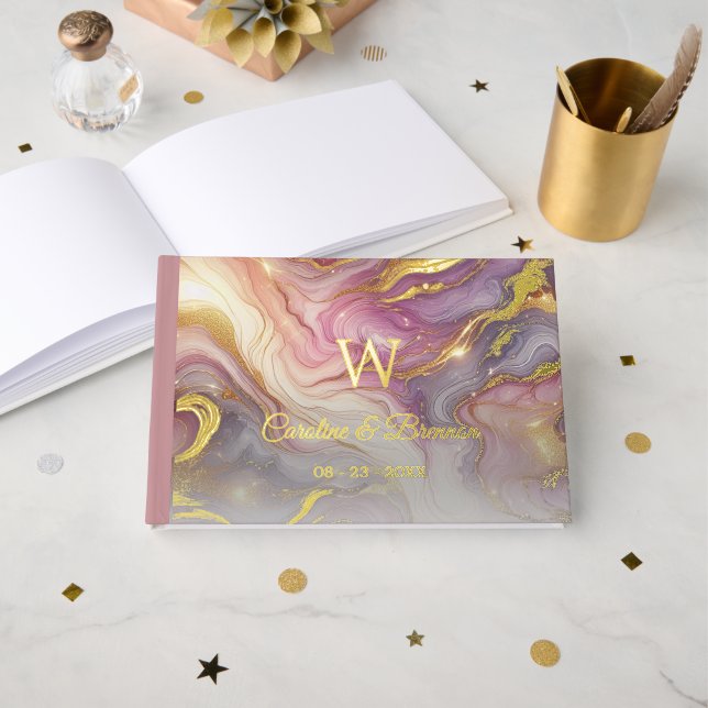 Couple Names Established Date Year Gold Guest Book (Front Open)