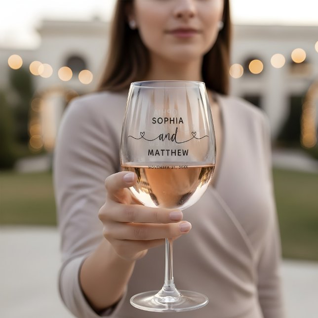Couple Names Script Heart Modern Wedding Stemless Wine Glass (Creator Uploaded)