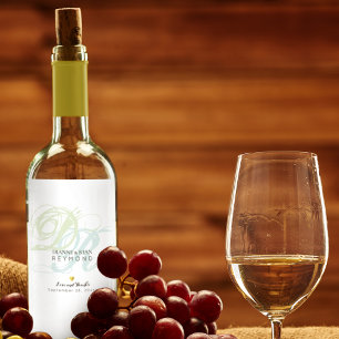 couple names script monogram on white wine label