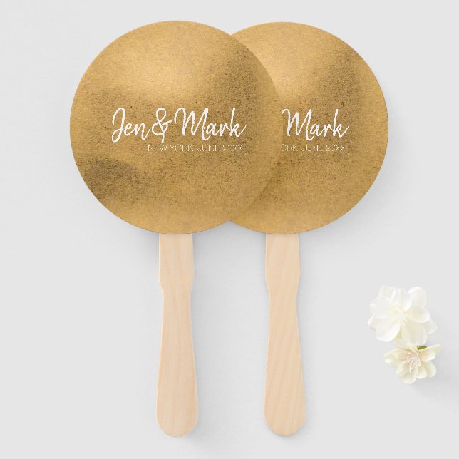 Couple Names, State, Wedding Date on Faux Gold Hand Fan (Front and Back)