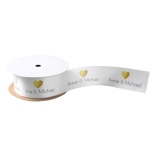 couple names with gold heart wedding white satin ribbon (Spool)