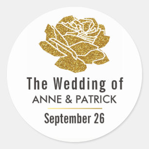 couple names with gold rose, floral wedding classic round sticker