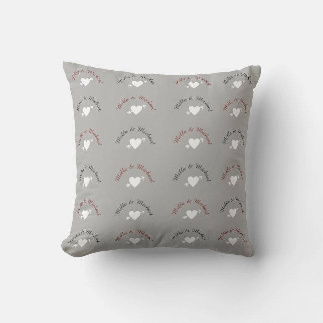 Couple Names with Hearts, Love Monogram on grey Outdoor Cushion (Front)