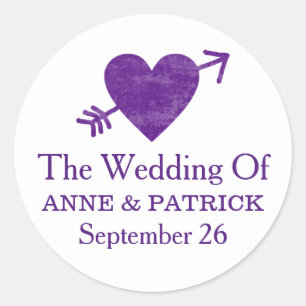 couple names with purple heart, love wedding  classic round sticker
