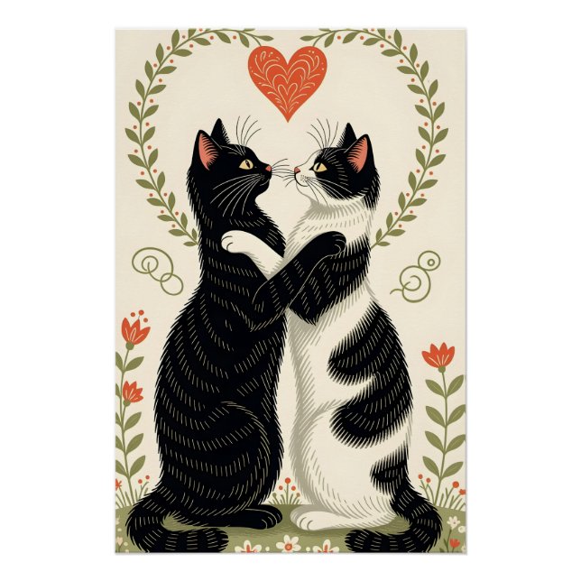Couple of Cats in Love With Floral Heart Poster (Front)