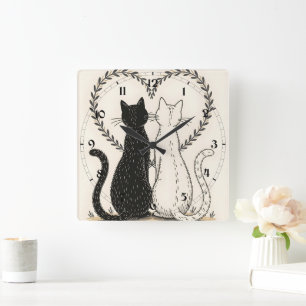 Couple of Cats in Love With Floral Heart Square Wall Clock