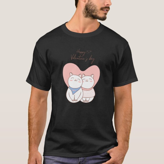 Couple of cute cats with heart love Happy Valentin T-Shirt (Front)