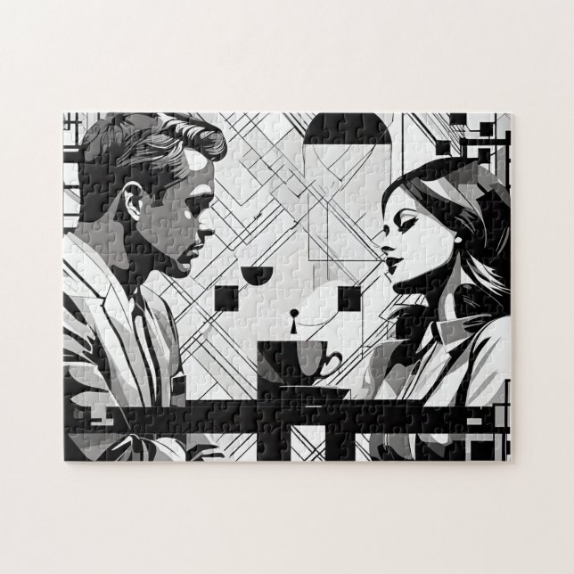 Couple of Intrigue in Black and White Modern Cafe Jigsaw Puzzle (Horizontal)