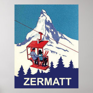 Couple on a ski lift in Zermatt, vintage travel Poster