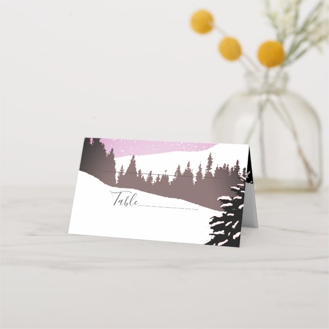 Couple on a Snowy Mountain Winter Wedding Place Card (Front)