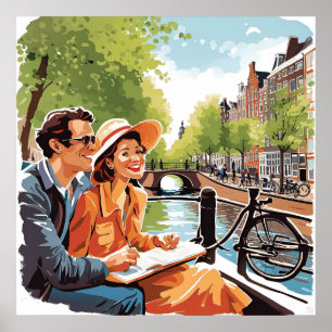 Couple on an Amsterdam canal cruise Print