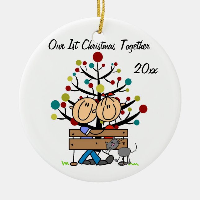 Couple on Bench, Cat Personalised Holiday Ornament (Front)