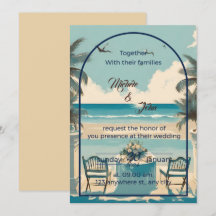 Couple on blue beach with seagulls