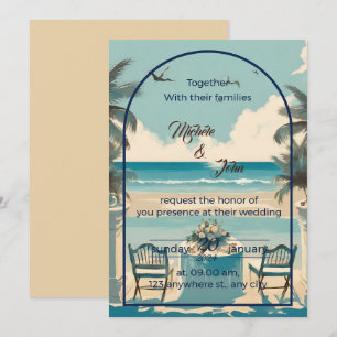 Couple on blue beach with seagulls invitation