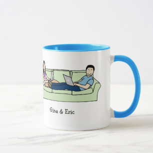 Couple on laptops - personalised cartoon mug