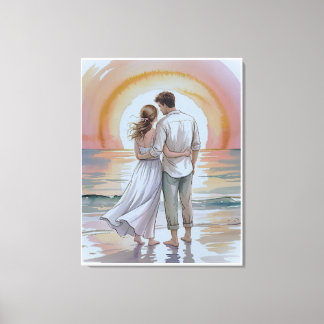 Couple on the beach at sunset canvas print