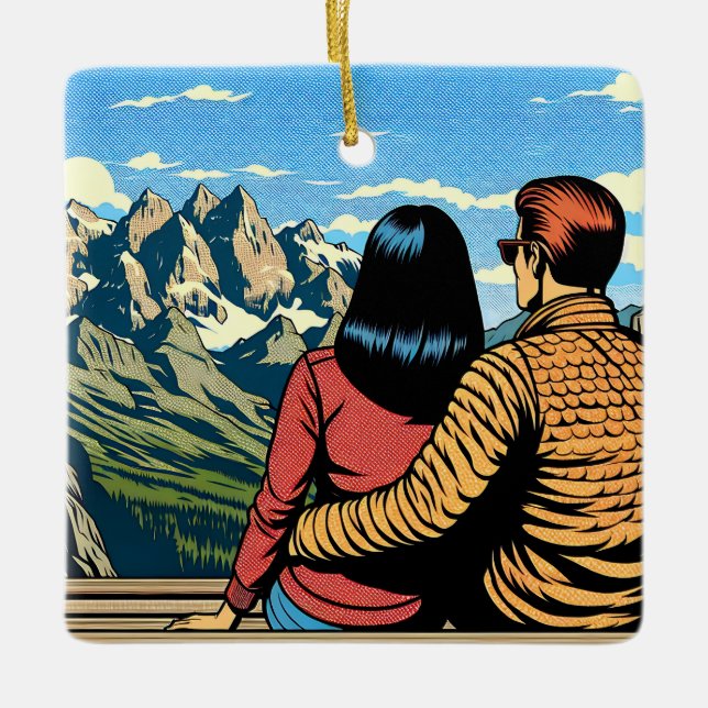 Couple overlooking a Scenic View Christmas Ceramic Ornament (Front)