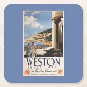 Couple Overlooking Coast Railway Poster Square Paper Coaster