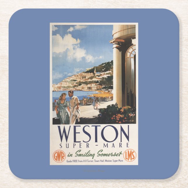 Couple Overlooking Coast Railway Poster Square Paper Coaster (Front)