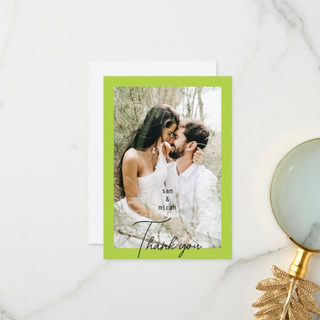 Couple Photo Chartreuse Wedding Blank Thank You II Card (Front/Back In Situ)