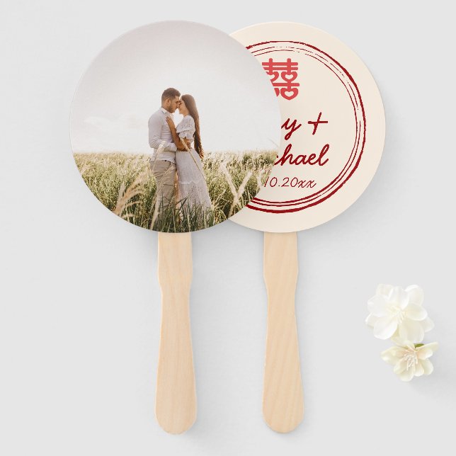 Couple photo Chinese wedding double happiness logo Hand Fan (Front and Back)
