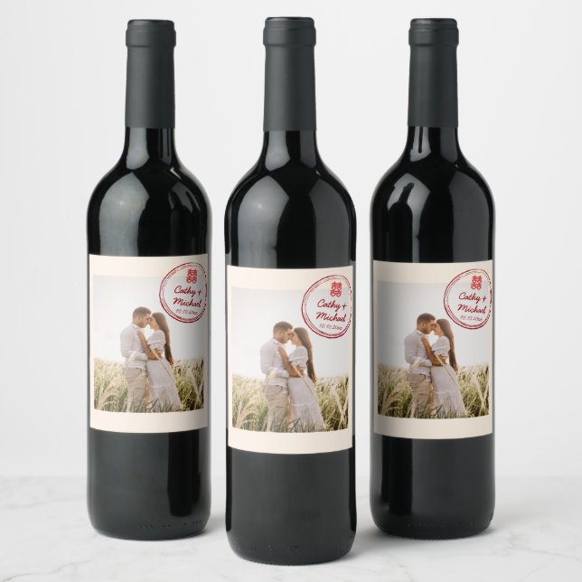 Couple photo Chinese wedding stamp logo Wine Label (Bottles)