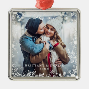 Couple Photo Christmas Snowflakes Overlay Border Metal Tree Decoration