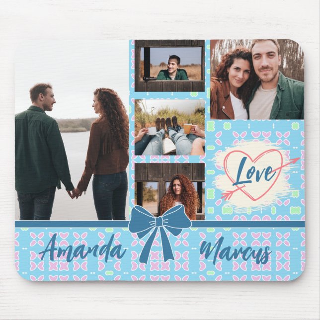 Couple Photo Collage Love Blue Pattern  Mouse Mat (Front)