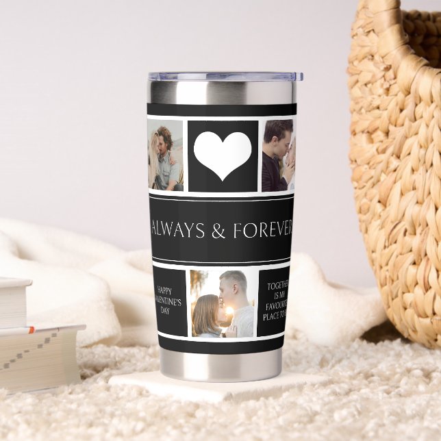 Couple Photo Collage Valentine Black Water Bottle Insulated Tumbler (Living Room)