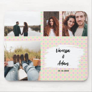 Couple Photo Collage Violet & Green Hearts Pattern Mouse Mat