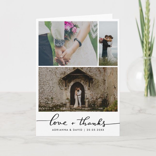 Couple Photo Collage Wedding Love & Thanks Script Thank You Card (Front)