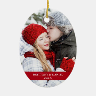 Couple Photo Front   Snowflakes Back Red Oval Ceramic Tree Decoration