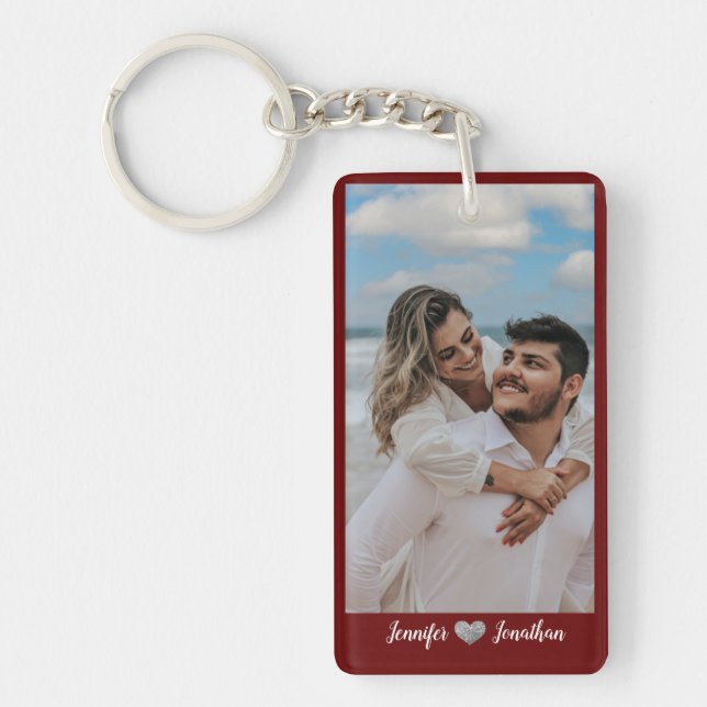 Couple Photo Glitter Silver Heart Burgundy  Names Key Ring (Front)