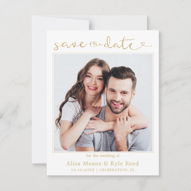 Couple Photo Gold Save the Date Announcement (Front)