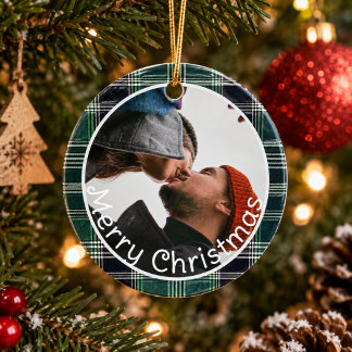 Couple Photo l Green Plaid Gingham Merry Christmas Ceramic Tree Decoration