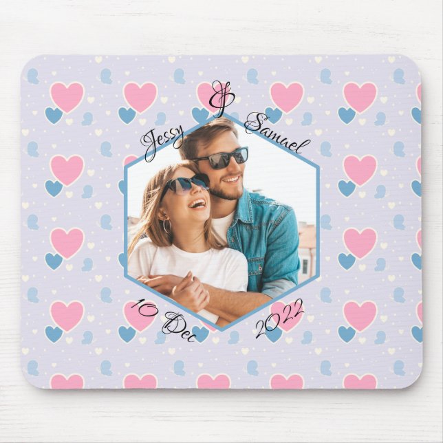 Couple Photo Names Blue Pink Hearts Pattern Mouse Mat (Front)