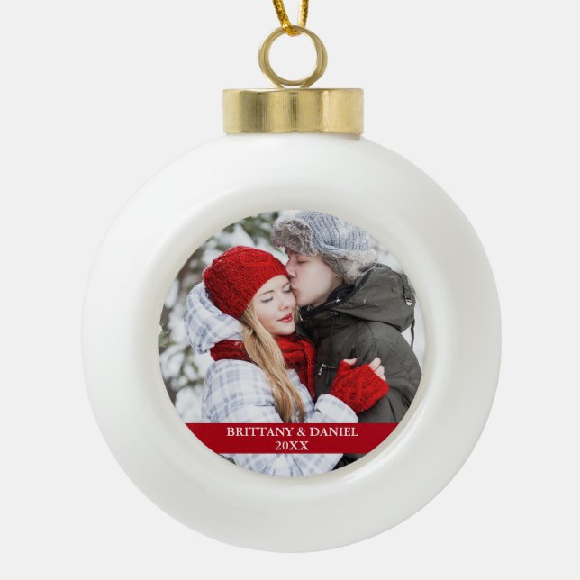 Couple Photo Red Ceramic Ball Christmas Ornament (Front)