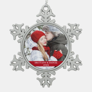 Couple Photo Red Snowflake Snowflake Pewter Christmas Ornament