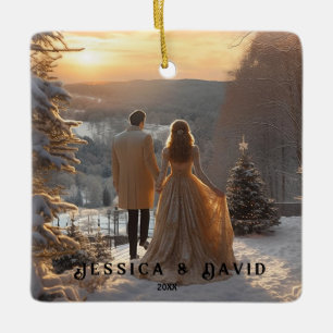 Couple Photo Snow Winter Modern Personalized Ceramic Ornament