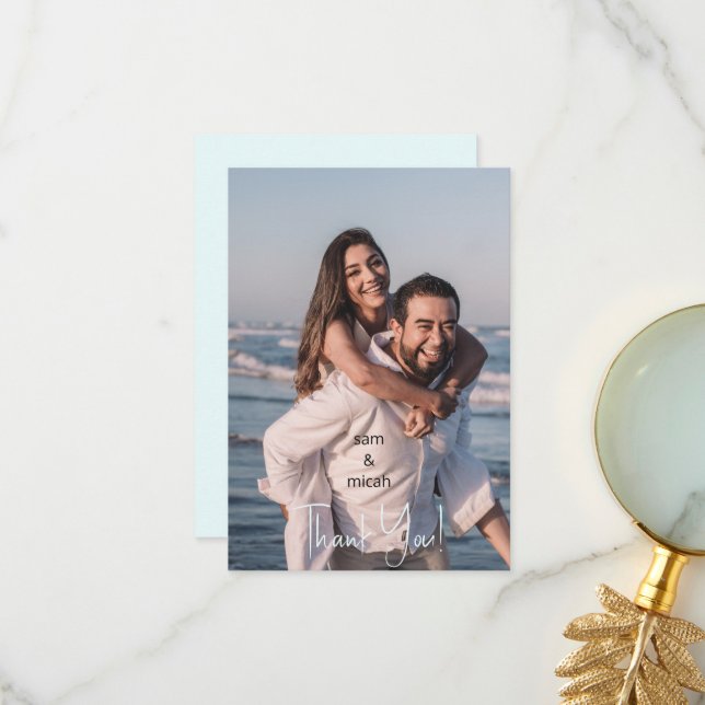 Couple Photo Wedding Ice Blue Blank Thank You Card (Front/Back In Situ)