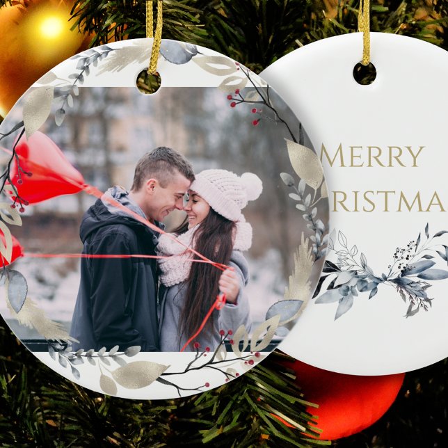 Couple Photo Winter Wreath Christmas Ceramic Tree Decoration (Creator Uploaded)